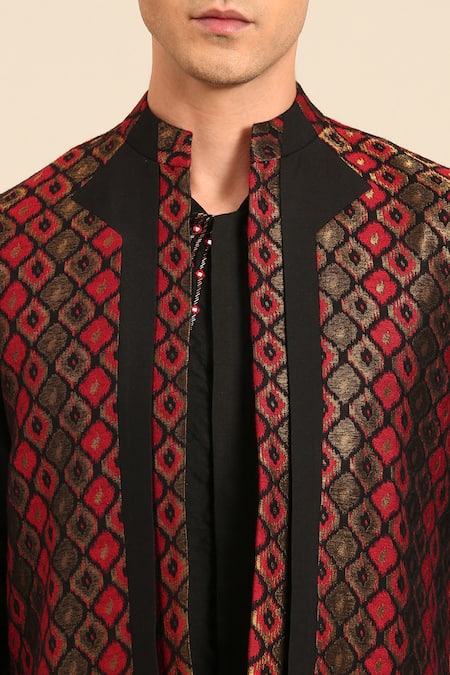 Buy_Mayank Modi - Men_Black Silk, Jacquard Geometric Pattern Nehru Jacket 