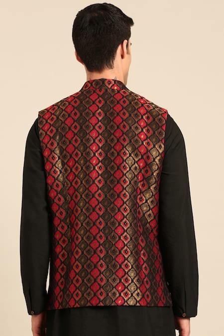 Mayank Modi - Men Silk Jacquard Geometric Pattern Nehru Jacket