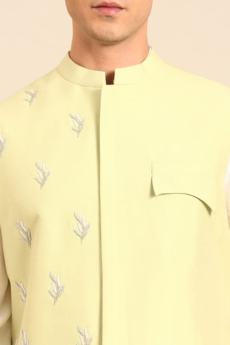 Buy_Mayank Modi - Men_Green Silk, Cotton Embroidery Leaf Motif Nehru Jacket _Online_at_Aza_Fashions