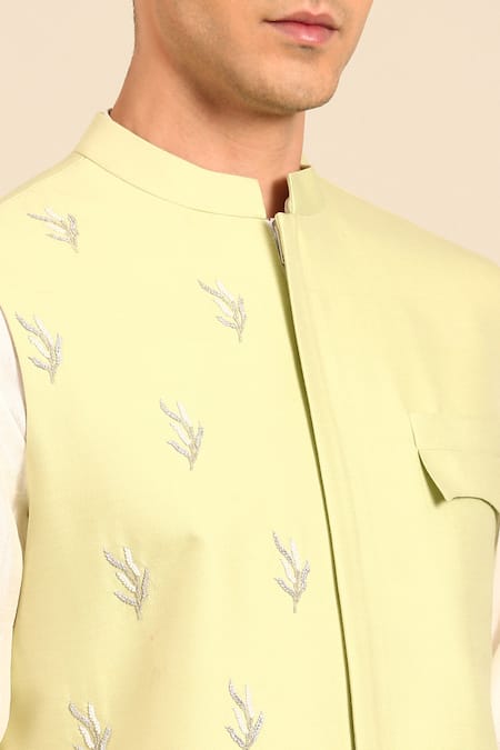 Shop_Mayank Modi - Men_Green Silk, Cotton Embroidery Leaf Motif Nehru Jacket _Online_at_Aza_Fashions