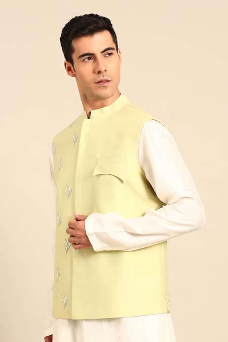 Mayank Modi - Men_Green Silk, Cotton Embroidery Leaf Motif Nehru Jacket _at_Aza_Fashions