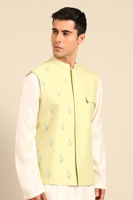 Buy_Mayank Modi - Men_Green Silk, Cotton Embroidery Leaf Motif Nehru Jacket 