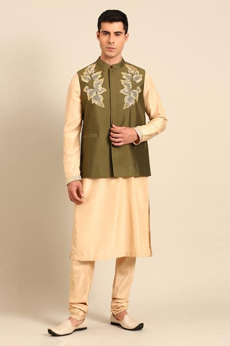 Mayank Modi - Men_Green Silk, Cotton Embroidery, Zari, Stones Leaf Motif Nehru Jacket _Online_at_Aza_Fashions