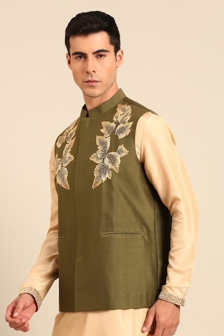 Buy_Mayank Modi - Men_Green Silk, Cotton Embroidery, Zari, Stones Leaf Motif Nehru Jacket _Online_at_Aza_Fashions