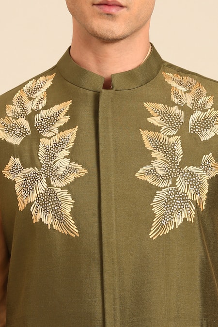 Mayank Modi - Men_Green Silk, Cotton Embroidery, Zari, Stones Leaf Motif Nehru Jacket _at_Aza_Fashions