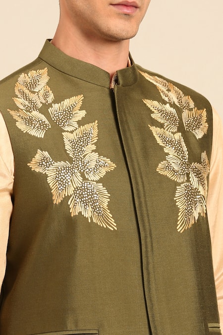 Buy_Mayank Modi - Men_Green Silk, Cotton Embroidery, Zari, Stones Leaf Motif Nehru Jacket 