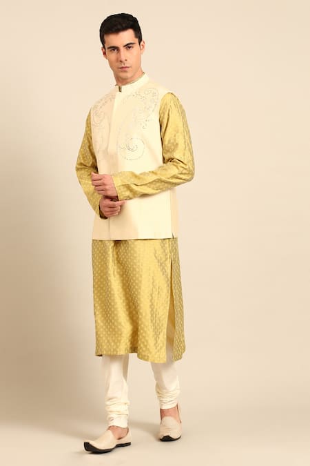 Mayank Modi - Men_Beige Silk, Cotton Sequins, Embroidery, Metallic Thread Nehru Jacket _Online_at_Aza_Fashions
