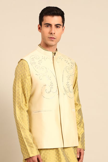 Buy_Mayank Modi - Men_Beige Silk, Cotton Sequins, Embroidery, Metallic Thread Nehru Jacket _Online_at_Aza_Fashions