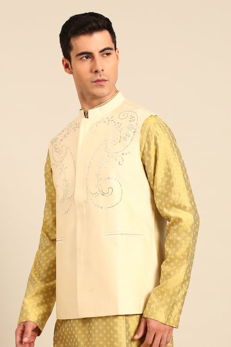 Shop_Mayank Modi - Men_Beige Silk, Cotton Sequins, Embroidery, Metallic Thread Nehru Jacket _Online_at_Aza_Fashions