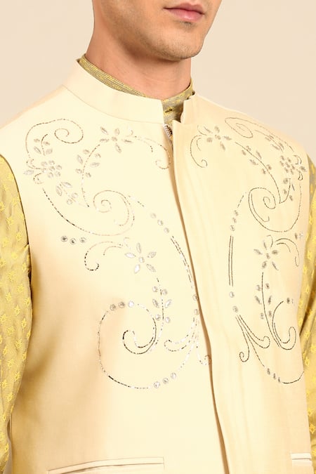 Buy_Mayank Modi - Men_Beige Silk, Cotton Sequins, Embroidery, Metallic Thread Nehru Jacket 
