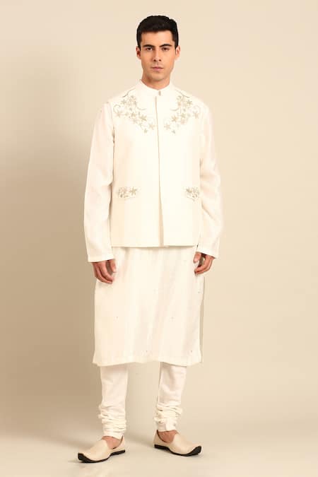 Mayank Modi - Men_Ivory Silk, Cotton Embroidery, Metallic Thread Floral Nehru Jacket _Online_at_Aza_Fashions