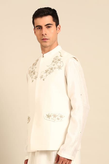 Shop_Mayank Modi - Men_Ivory Silk, Cotton Embroidery, Metallic Thread Floral Nehru Jacket _Online_at_Aza_Fashions