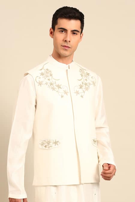 Mayank Modi - Men_Ivory Silk, Cotton Embroidery, Metallic Thread Floral Nehru Jacket _at_Aza_Fashions