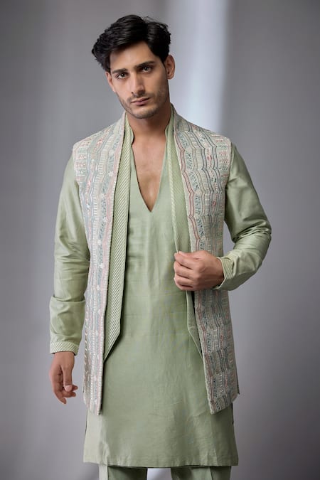 SALIL BHATIA_Green Silk, Silk, Art Embellished Bundi And Kurta Set _Online_at_Aza_Fashions