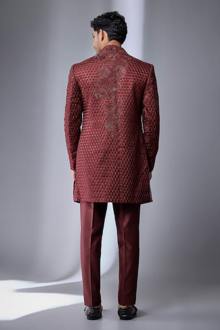 SALIL BHATIA Wine Dola Silk Embroidered Jacket & Kurta Set 