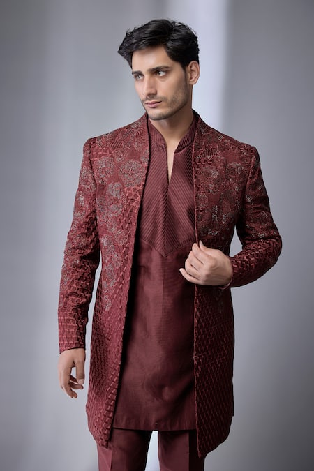 Buy_SALIL BHATIA_Wine Silk, Silk, Embroidery Dola Jacket And Kurta Set _Online_at_Aza_Fashions