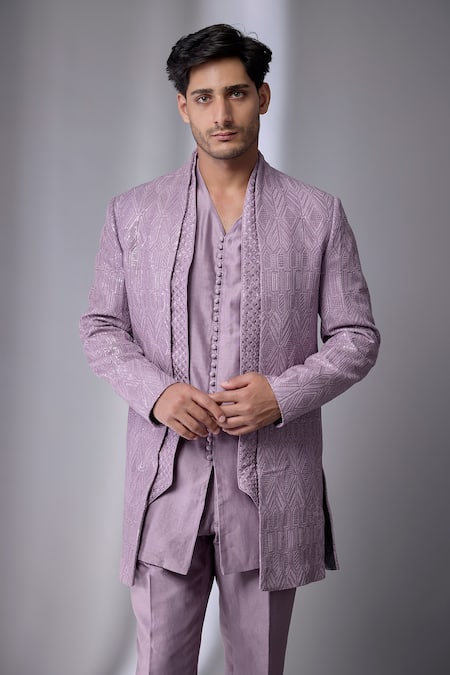 SALIL BHATIA_Purple Silk, Silk, Tonal Embellished Jacket And Kurta Set _Online_at_Aza_Fashions