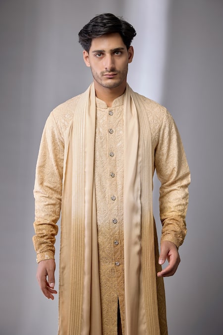 Buy_SALIL BHATIA_Gold Doriya, Modal, Satin Embroidery, Ombre Embellished Kurta Set With Stole _Online_at_Aza_Fashions