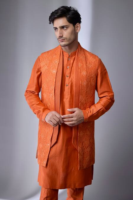 SALIL BHATIA_Rust Silk, Chanderi Sequins, Embroidery, Metallic Embellished Bundi And Kurta Set _Online_at_Aza_Fashions