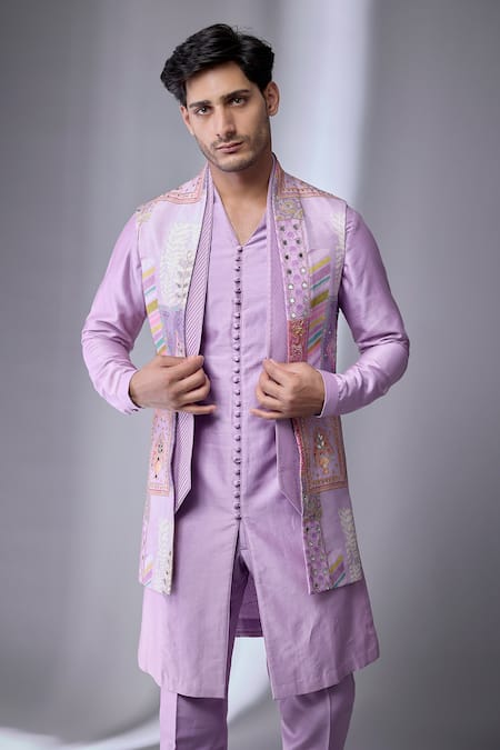 SALIL BHATIA_Purple Chinon, Silk, Chanderi Mirrors, Gota Patti Embellished Bundi And Kurta Set _Online_at_Aza_Fashions