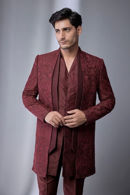 Buy_SALIL BHATIA_Wine Sequins, Embroidery Silk Chanderi Embellished Jacket And Kurta Set _Online_at_Aza_Fashions