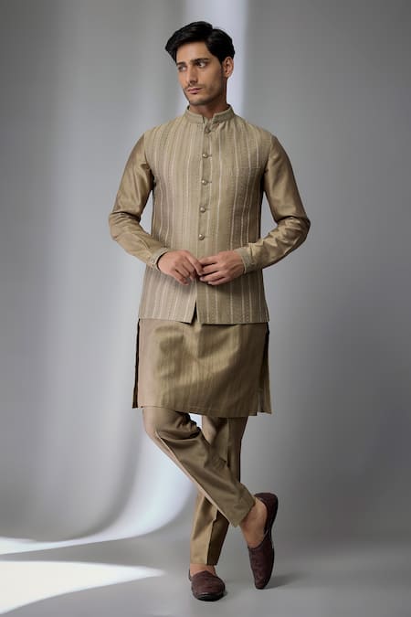 SALIL BHATIA Silk Chanderi Embellished Bundi & Kurta Set 