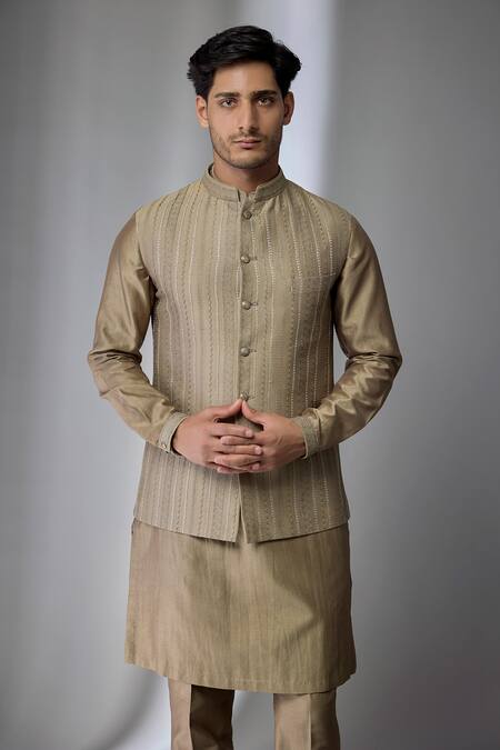 SALIL BHATIA_Taupe Silk, Silk, Zari, Embellished Bundi And Kurta Set _Online_at_Aza_Fashions