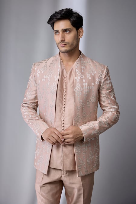 Buy_SALIL BHATIA_Pink Silk, Silk, Zari, Sequins Embellished Jacket And Kurta Set _Online_at_Aza_Fashions