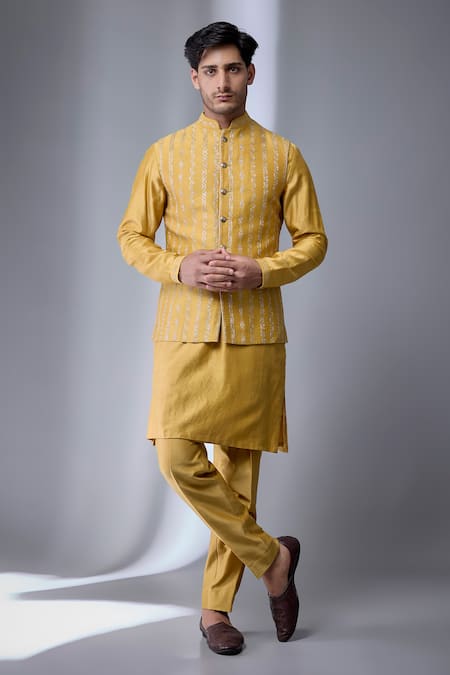 SALIL BHATIA Silk Chanderi Embellished Bundi & Kurta Set 