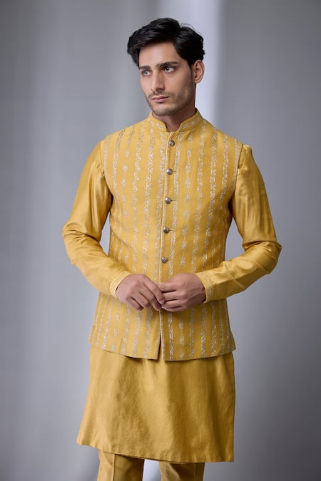 Buy SALIL BHATIA Mustard Silk, Silk, Zari, Embellished Bundi And Kurta Set Online at Aza Fashions Buy_SALIL BHATIA_Mustard Silk, Silk, Zari, Embellished Bundi And Kurta Set _Online_at_Aza_Fashions