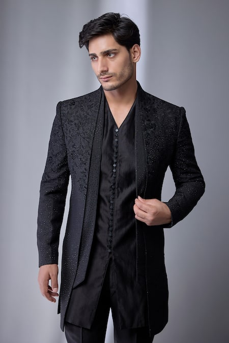 SALIL BHATIA_Black Satin, Silk, Chanderi Embroidery, Studs Embellished Jacket And Kurta Set _Online_at_Aza_Fashions