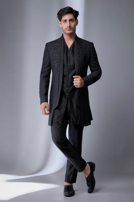 SALIL BHATIA Black Satin Embellished Jacket & Kurta Set 