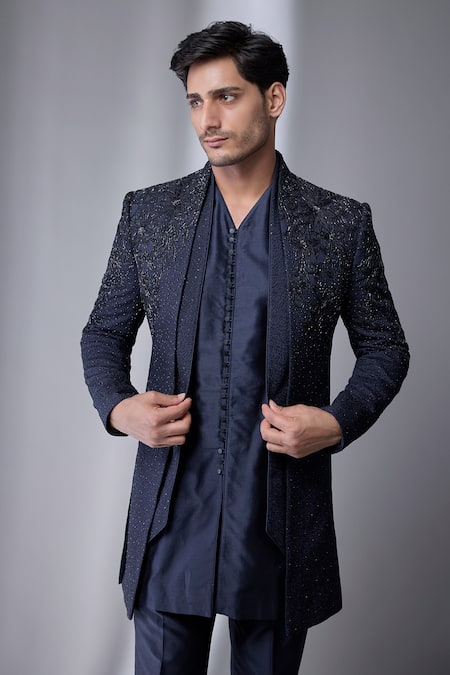 SALIL BHATIA_Navy Embroidery Silk Chanderi Embellished Jacket And Kurta Set _Online_at_Aza_Fashions
