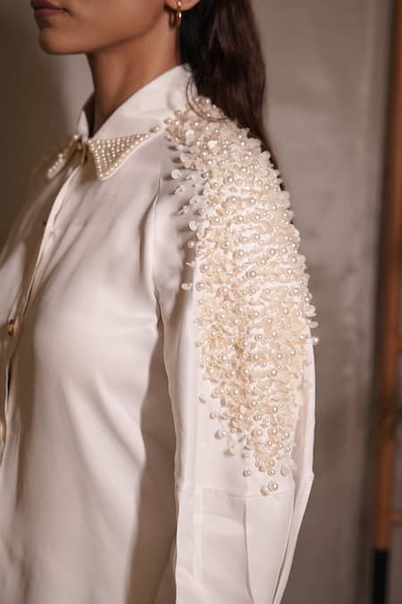 Vedangi Agarwal_White Satin Pearls, Beads Collared, Mothers Glow Embellished Shirt And Pant Set _Online_at_Aza_Fashions