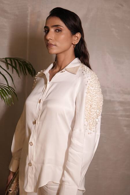 Buy_Vedangi Agarwal_White Satin Pearls, Beads Collared, Mothers Glow Embellished Shirt And Pant Set _Online_at_Aza_Fashions