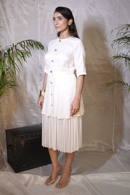 Buy_Vedangi Agarwal_White Satin, Georgette Round Neck Halo Button Front Midi Dress _Online_at_Aza_Fashions