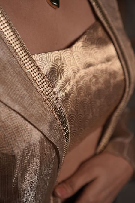Vedangi Agarwal_Gold Tissue Zari, Sequins Open Neck, Square Solar Radiance Jacket And Pant Set _Online_at_Aza_Fashions