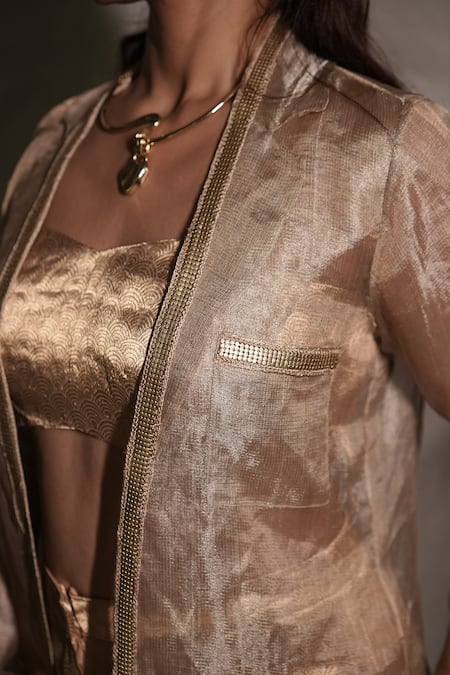 Shop_Vedangi Agarwal_Gold Tissue Zari, Sequins Open Neck, Square Solar Radiance Jacket And Pant Set _Online_at_Aza_Fashions