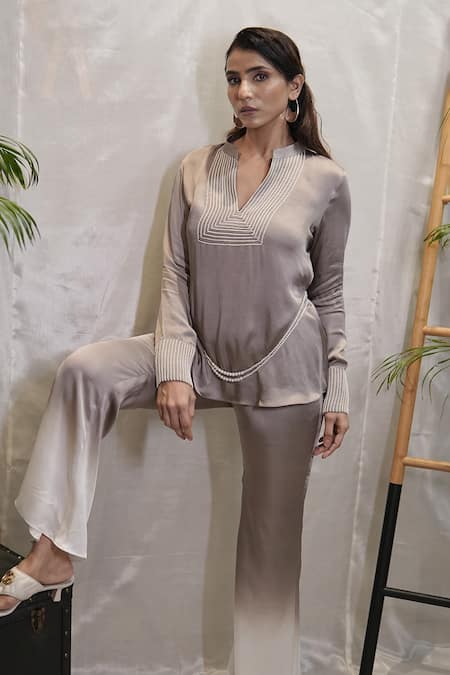 Vedangi Agarwal_Gray Satin Embroidery Split V-neck Silver Dusk Ombre Top And Pant Set _Online_at_Aza_Fashions