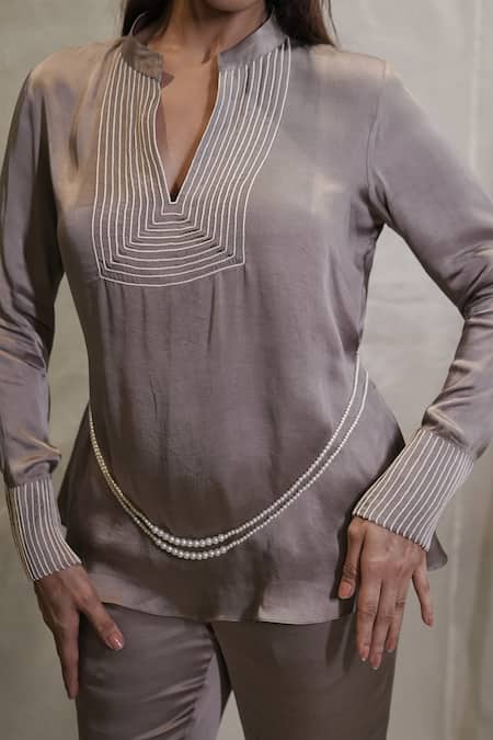 Buy_Vedangi Agarwal_Gray Satin Embroidery Split V-neck Silver Dusk Ombre Top And Pant Set _Online_at_Aza_Fashions