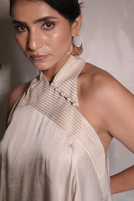 Buy_Vedangi Agarwal_Beige Satin Embroidery, Metallic Thread High Crown Line Striped Top And Pant Set _Online_at_Aza_Fashions