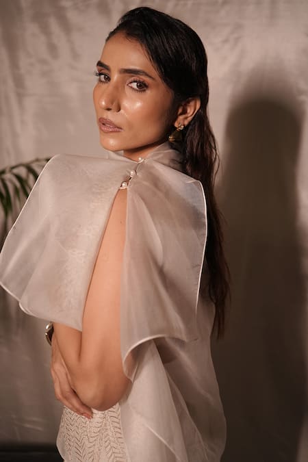 Vedangi Agarwal_Ivory Organza Embroidery High Neck Eclipse Glow Top And Skirt Set _Online_at_Aza_Fashions