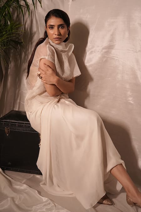 Buy_Vedangi Agarwal_Ivory Organza Embroidery High Neck Eclipse Glow Top And Skirt Set _Online_at_Aza_Fashions