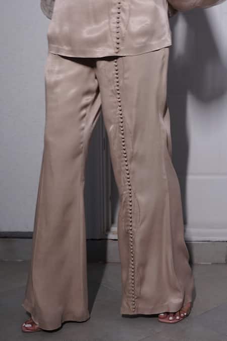 Vedangi Agarwal_Beige Satin Beads, Metallic Thread Round Neck Lumina Top And Pant Set _Online_at_Aza_Fashions