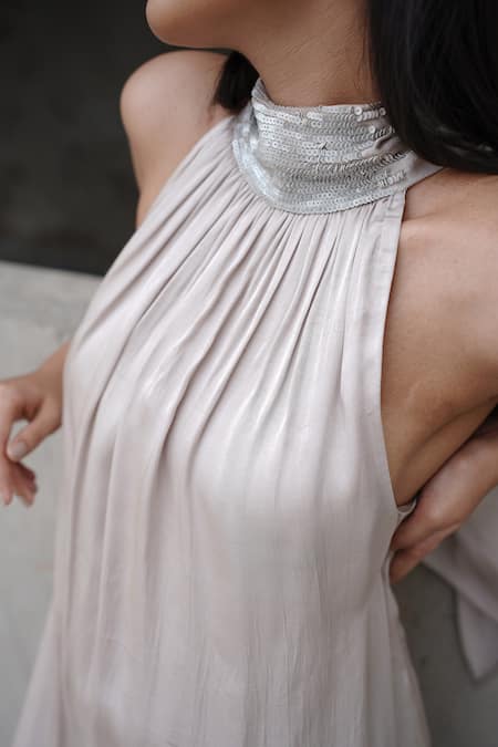 Vedangi Agarwal_Gray Satin Sequins Halter Neck Twilight Maxi Dress _Online_at_Aza_Fashions