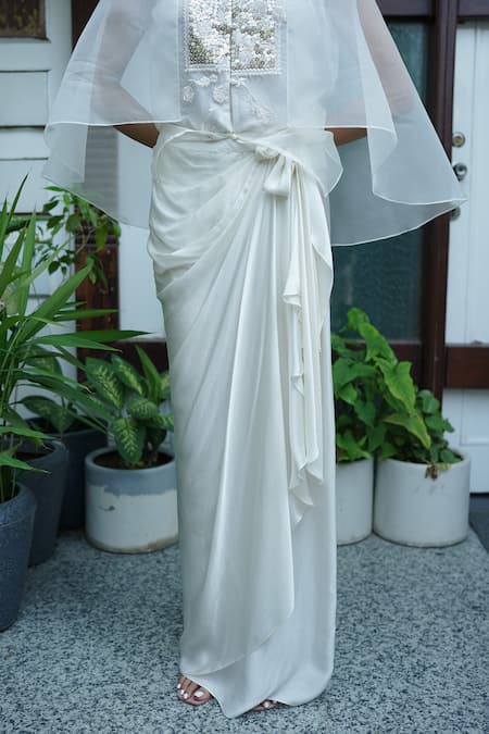 Buy_Vedangi Agarwal_Ivory Organza, Satin Sequins, Embroidery Ethereal Grace Shirt With Skirt _Online_at_Aza_Fashions