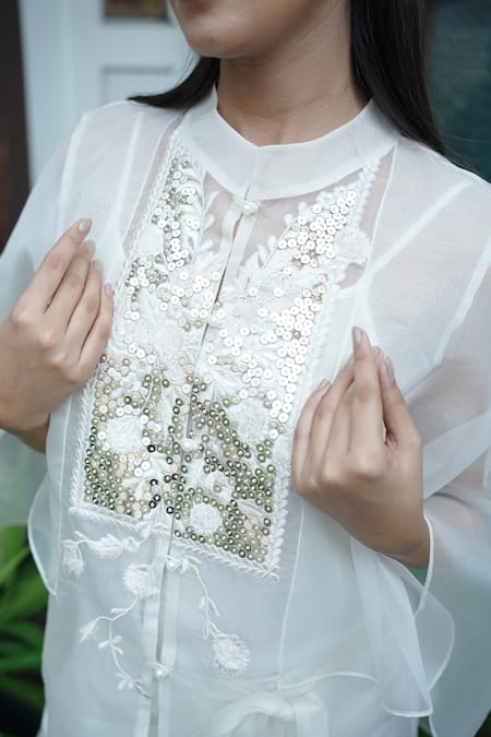 Shop_Vedangi Agarwal_Ivory Organza, Satin Sequins, Embroidery Ethereal Grace Shirt With Skirt _Online_at_Aza_Fashions