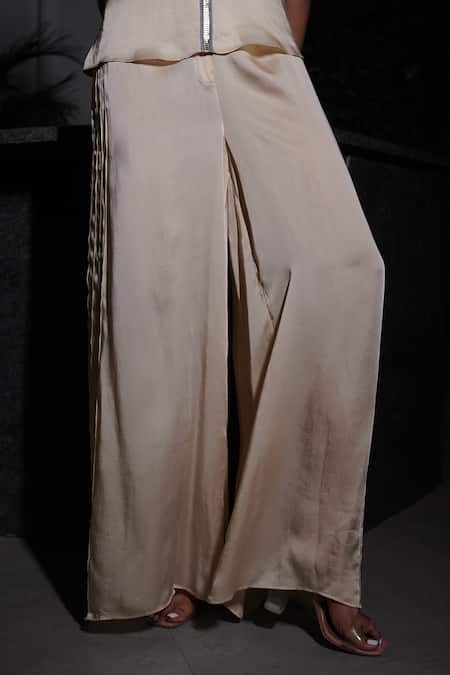 Buy_Vedangi Agarwal_Beige Satin Sequins, Metallic Thread High Neck Hour Scallop Top And Pant Set _Online_at_Aza_Fashions