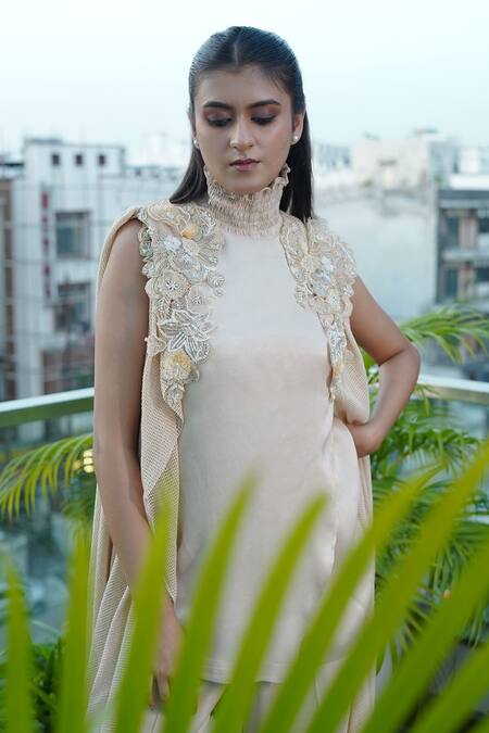 Vedangi Agarwal_Beige Satin Embroidery, Sequins, Beads High Neck Polished Aura Top And Pant Set _Online_at_Aza_Fashions