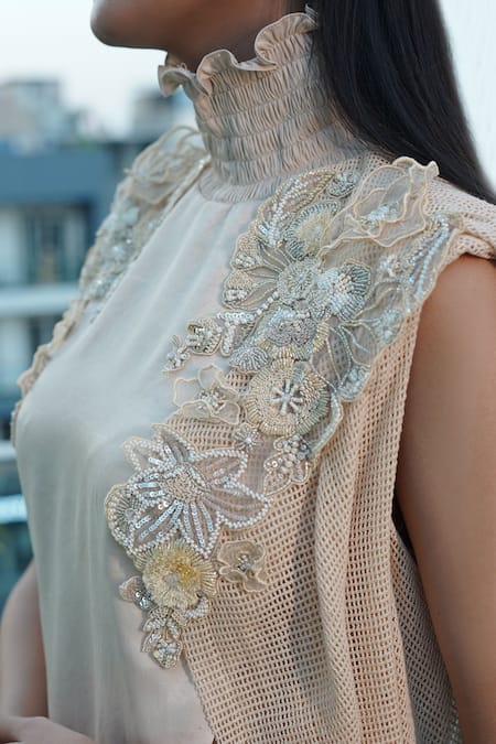 Shop_Vedangi Agarwal_Beige Satin Embroidery, Sequins, Beads High Neck Polished Aura Top And Pant Set _Online_at_Aza_Fashions
